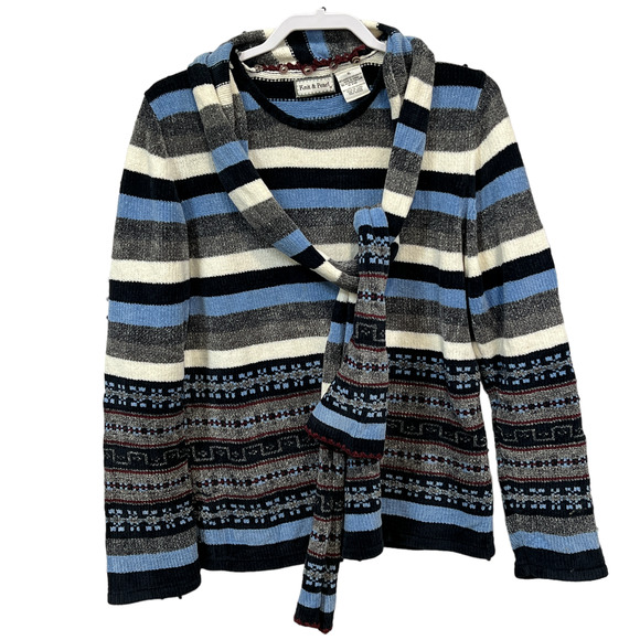 Knit & Pearl Cozy Pullover Sweater Button Down Scarf Striped Casual Size XL - Picture 2 of 7
